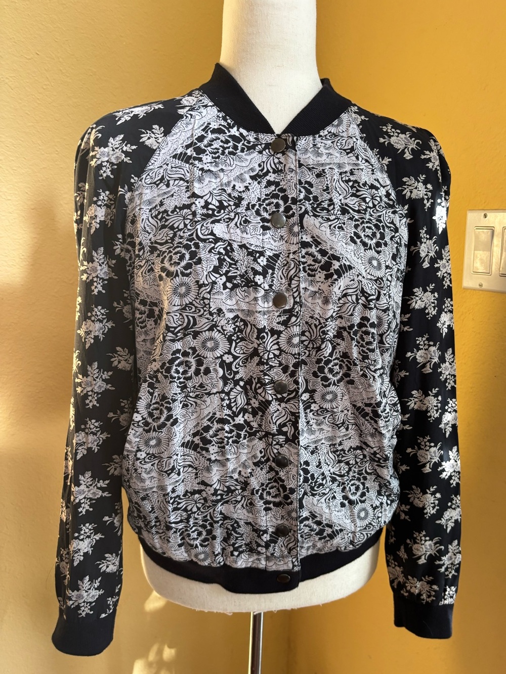 Free People Black & White Floral Bomber Jacket. Large